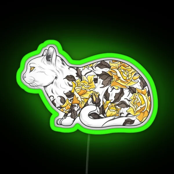 Cat In Yellow Roses Tattoo RGB Neon Sign
