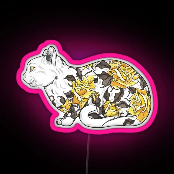Cat In Yellow Roses Tattoo RGB Neon Sign