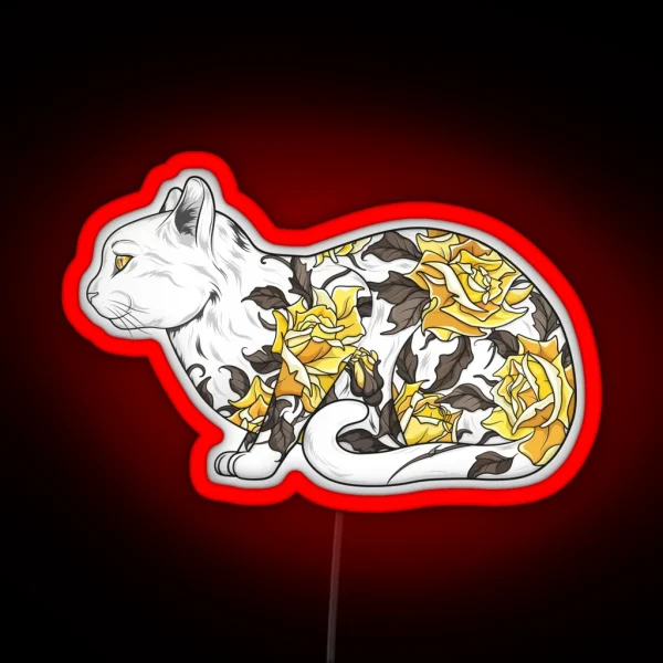 Cat In Yellow Roses Tattoo RGB Neon Sign