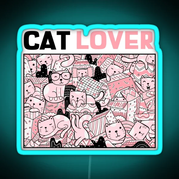 Cat Lover Pink And Black Kitty Illustration RGB Neon Sign