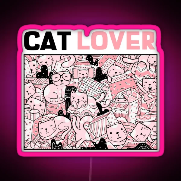 Cat Lover Pink And Black Kitty Illustration RGB Neon Sign