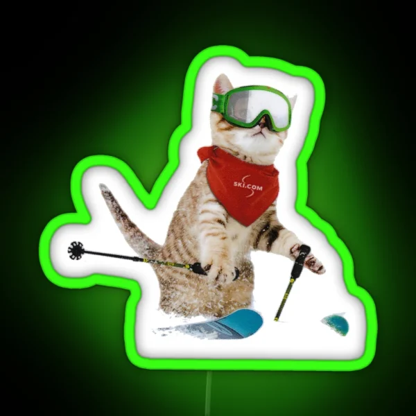 Cat Skiing Ski Kitten Skier Cute Funny RGB Neon Sign