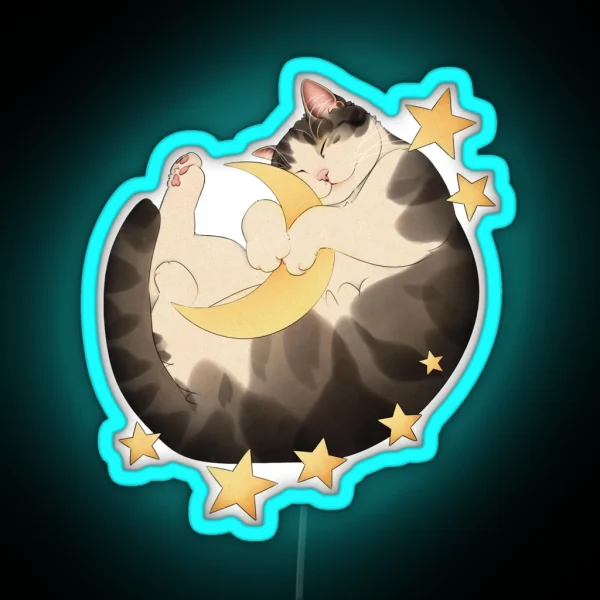 Cat Sleeps Amongst Moon And Stars RGB Neon Sign