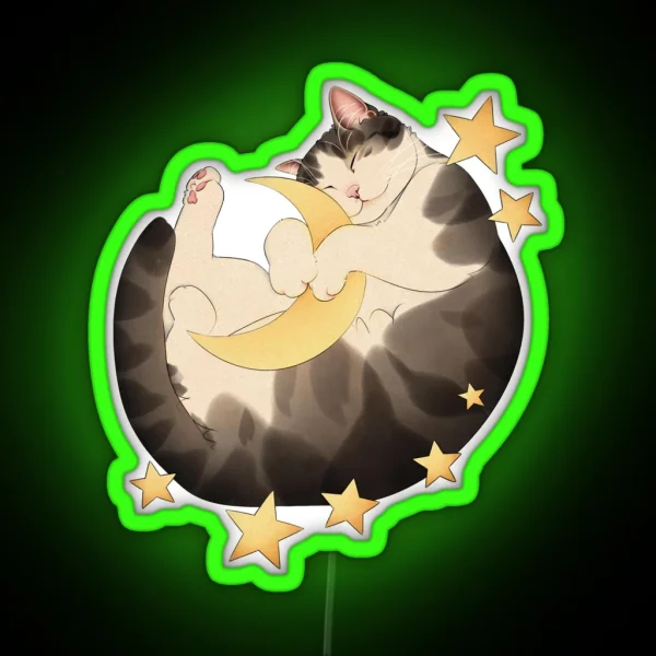 Cat Sleeps Amongst Moon And Stars RGB Neon Sign