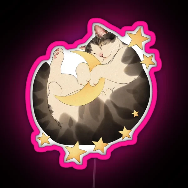 Cat Sleeps Amongst Moon And Stars RGB Neon Sign