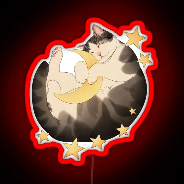 Cat Sleeps Amongst Moon And Stars RGB Neon Sign