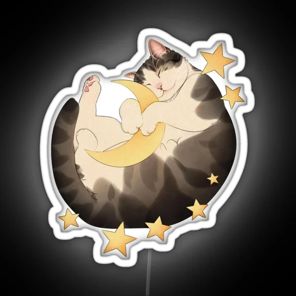 Cat Sleeps Amongst Moon And Stars RGB Neon Sign