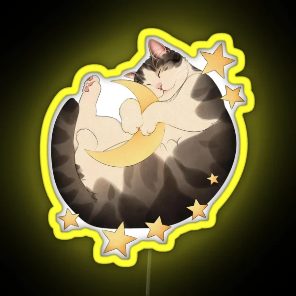 Cat Sleeps Amongst Moon And Stars RGB Neon Sign