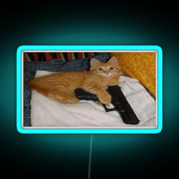 CAT WITH A GUN RGB Neon Sign