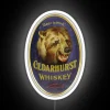 Glowing whiskey-themed neon sign with bear silhouette and warm ambiance