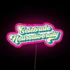 Vibrant RGB Neon Sign Featuring Colorful Geometric Patterns and Words