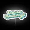 Retro-futuristic neon sign celebrating neurodiversity in vibrant 70s colors