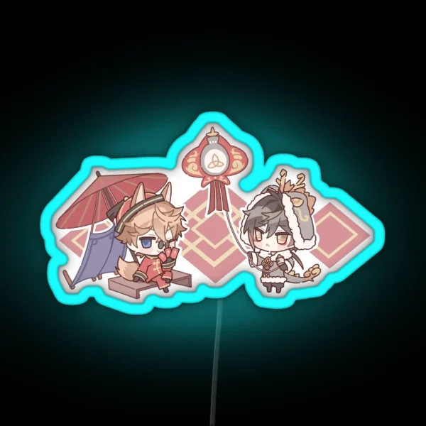 Chibi Childe And Zhongli Genshin Impact Lantern Festival RGB Neon Sign