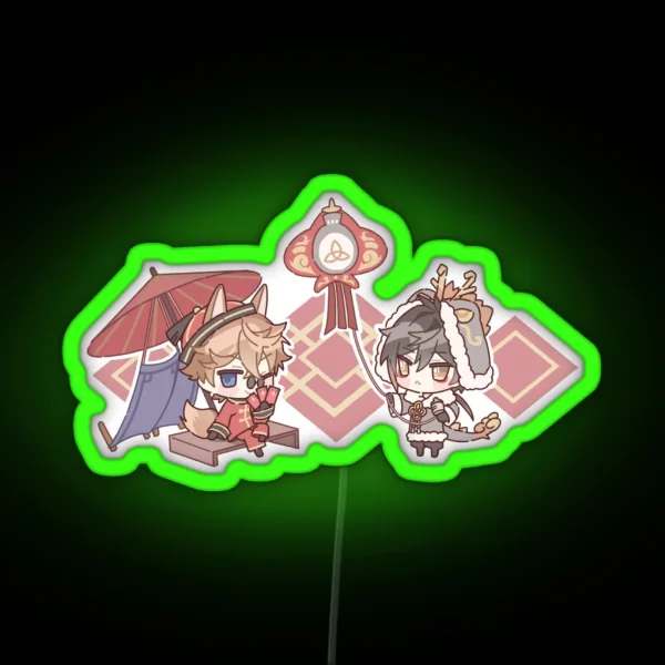 Chibi Childe And Zhongli Genshin Impact Lantern Festival RGB Neon Sign