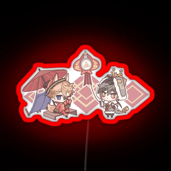 Chibi Childe And Zhongli Genshin Impact Lantern Festival RGB Neon Sign