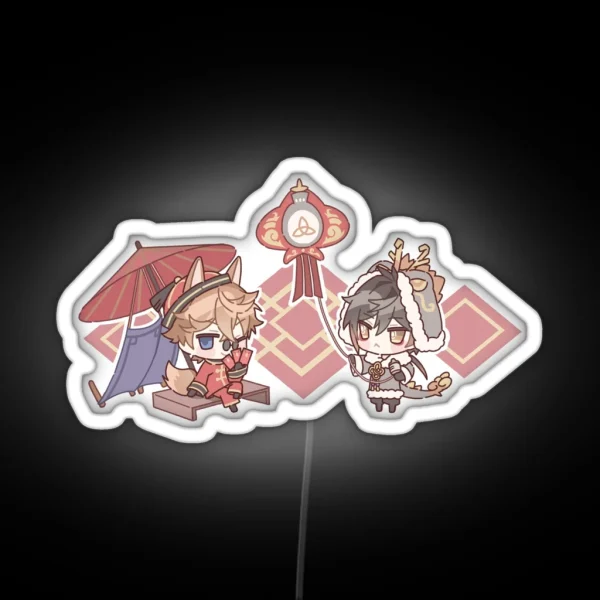 Chibi Childe And Zhongli Genshin Impact Lantern Festival RGB Neon Sign