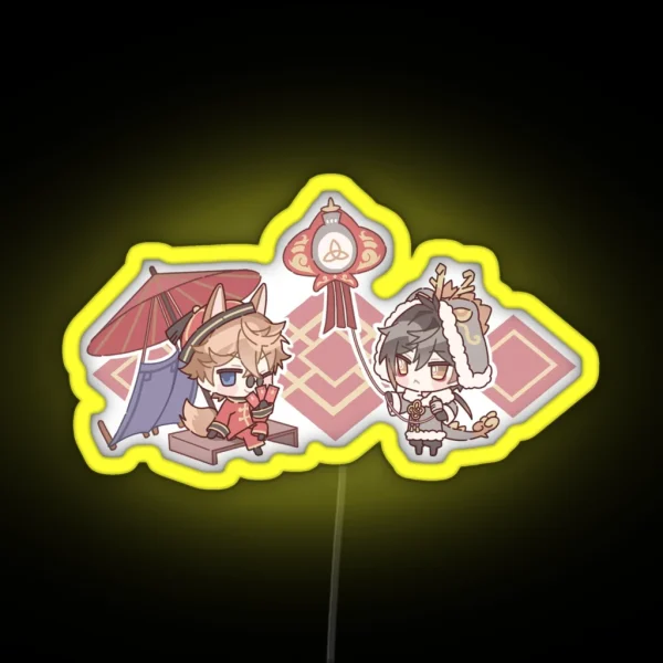 Chibi Childe And Zhongli Genshin Impact Lantern Festival RGB Neon Sign