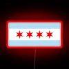 Vibrant Chicago city flag illuminated with multicolor neon lighting accents