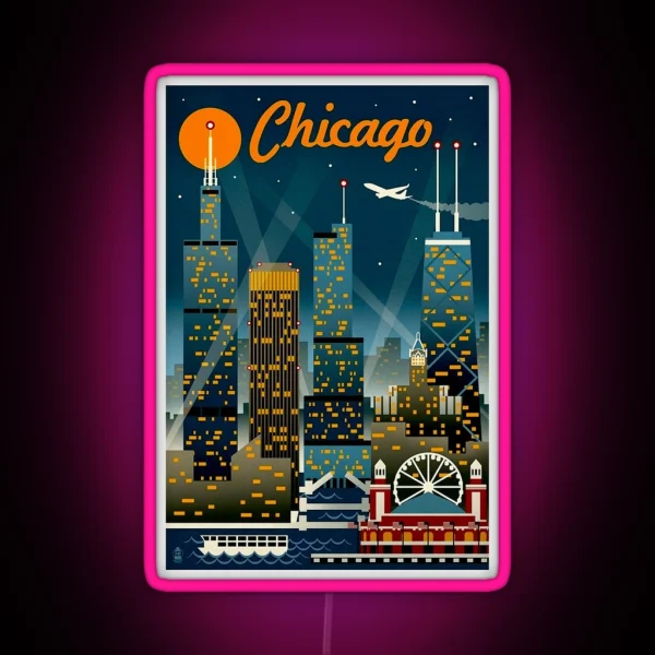 CHICAGO Vintage Travel Advertising Print RGB Neon Sign