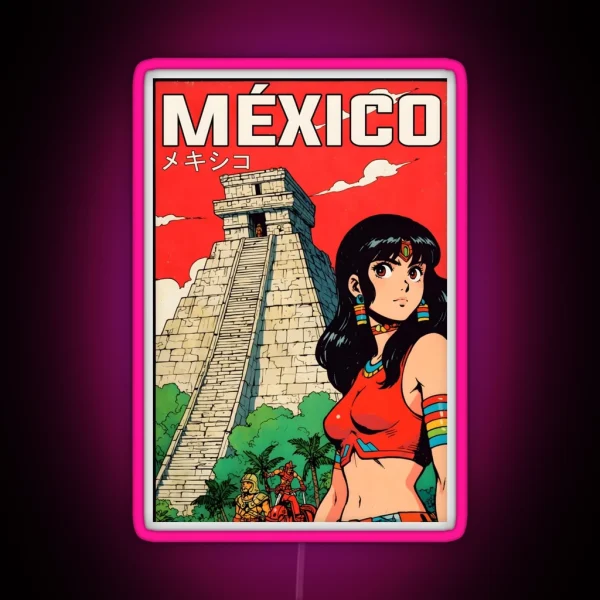 Chichen Itza Yucatan Mexico Retro Anime Girl 80s Vintage Travel RGB Neon Sign