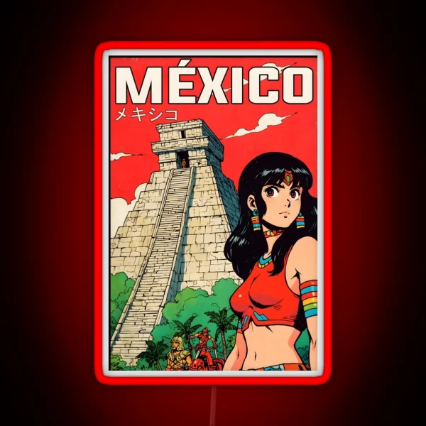 Chichen Itza Yucatan Mexico Retro Anime Girl 80s Vintage Travel RGB Neon Sign