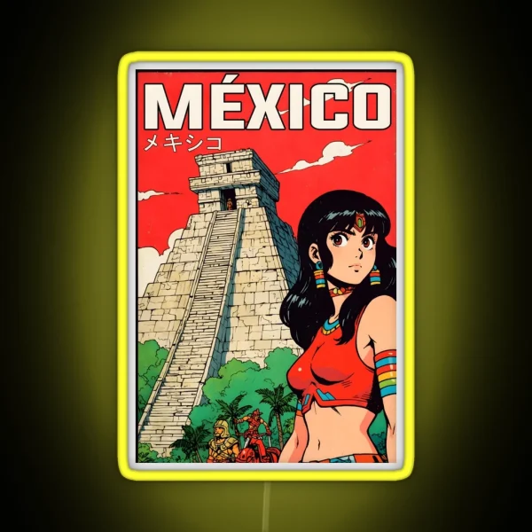 Chichen Itza Yucatan Mexico Retro Anime Girl 80s Vintage Travel RGB Neon Sign