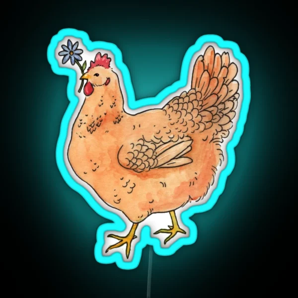 Chicken With Flower Watercolor Illustration RGB Neon Sign