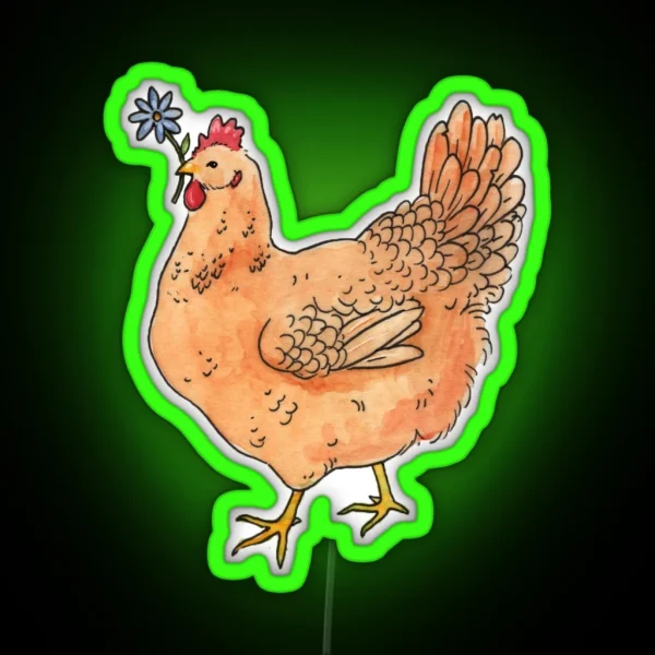 Chicken With Flower Watercolor Illustration RGB Neon Sign