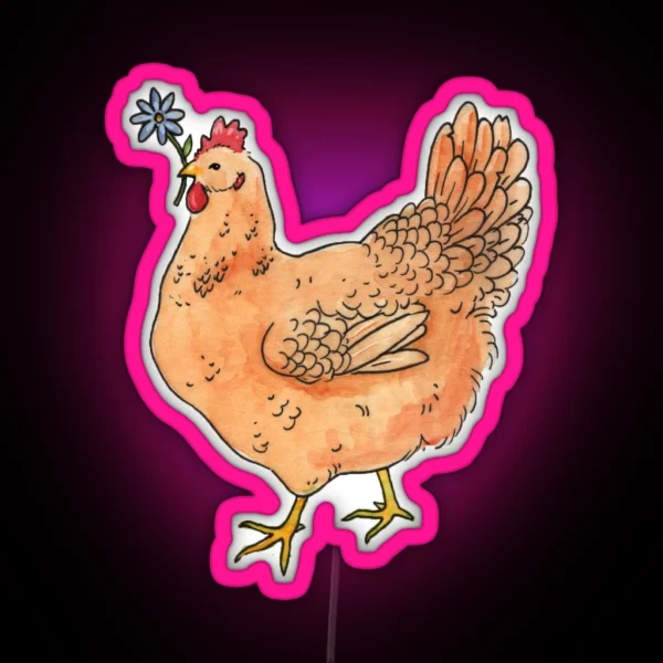 Chicken With Flower Watercolor Illustration RGB Neon Sign