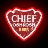 Chief Oshkosh Beer logo illuminated in vibrant RGB neon lighting