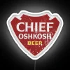 Vintage Chief Oshkosh Beer logo in colorful glowing neon lights