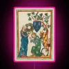 Medieval-inspired chivalrous artwork codices illuminated by vibrant RGB LED neon lights.