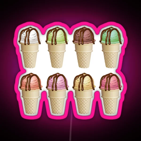 Chocolate Vanilla Strawberry Ice Cream Cone Merch RGB Neon Sign