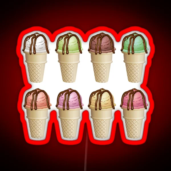 Chocolate Vanilla Strawberry Ice Cream Cone Merch RGB Neon Sign