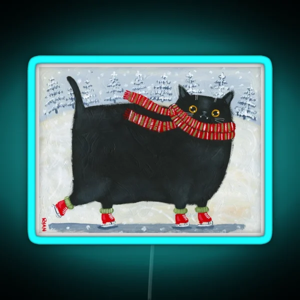 Chonky Black Ice Skater Cat RGB Neon Sign