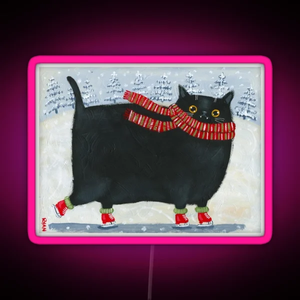 Chonky Black Ice Skater Cat RGB Neon Sign