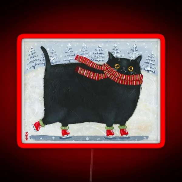 Chonky Black Ice Skater Cat RGB Neon Sign