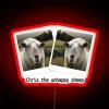 Quirky farm-themed decor featuring a displeased sheep in glow.