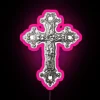 Modern Chrome Cross Design with Vibrant RGB Neon Sign Accents