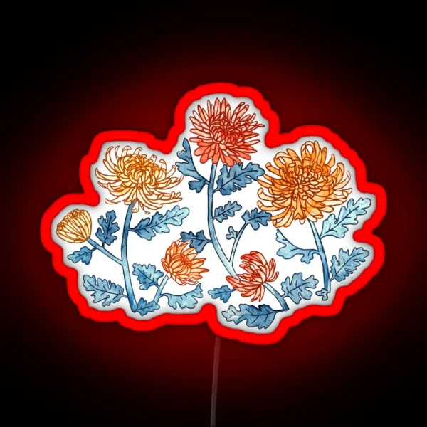 Chrysanthemum Watercolor And Pen Pattern Cornflower Blue RGB Neon Sign