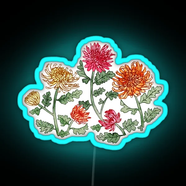 Chrysanthemum Watercolor And Pen Pattern Warm Sage RGB Neon Sign