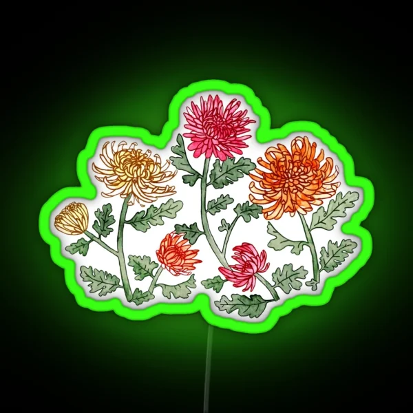 Chrysanthemum Watercolor And Pen Pattern Warm Sage RGB Neon Sign