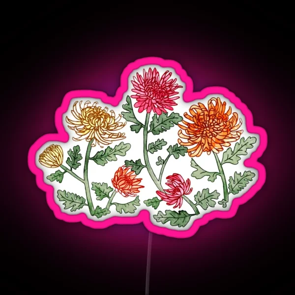 Chrysanthemum Watercolor And Pen Pattern Warm Sage RGB Neon Sign