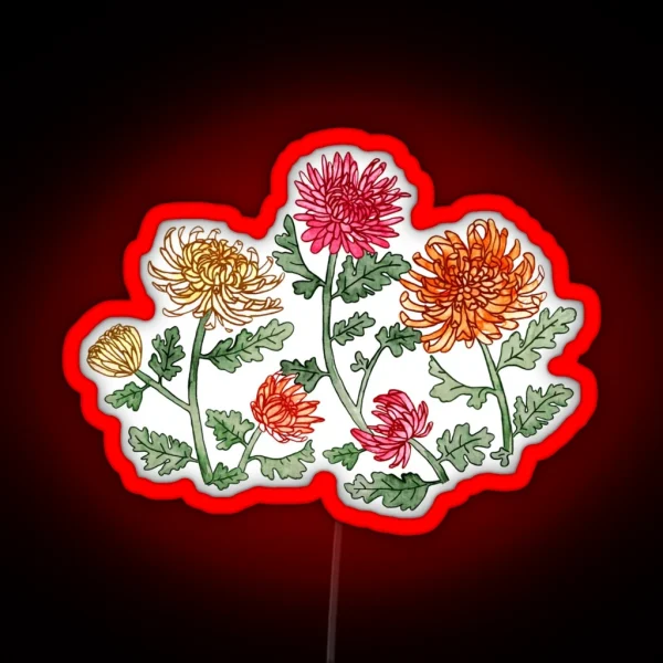 Chrysanthemum Watercolor And Pen Pattern Warm Sage RGB Neon Sign