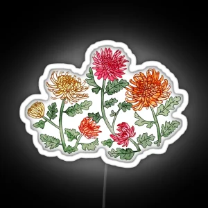 Chrysanthemum Watercolor And Pen Pattern Warm Sage RGB Neon Sign