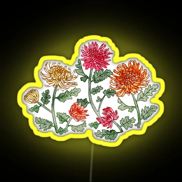 Chrysanthemum Watercolor And Pen Pattern Warm Sage RGB Neon Sign