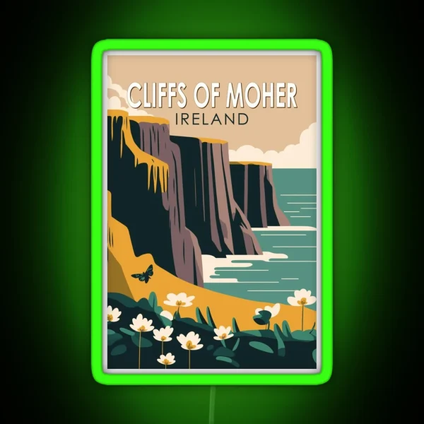 Cliffs Of Moher Ireland Floral Travel Art RGB Neon Sign