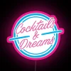Vibrant cocktails and dreams neon sign with colorful LED artwork