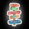 Coastal nautical directional signage with vibrant neon color accents.