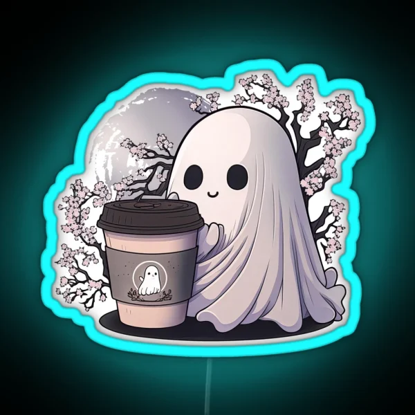Coffee Ghost Under A Sakura Tree RGB Neon Sign